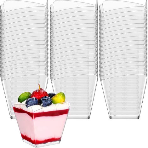 60 Gobelets à dessert, Plastique PS transparent, Design carré biseauté, 100ml, Pour fête mariage anniversaire