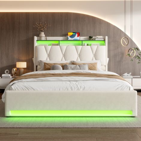 Lit rembourré 160 x 200 cm avec LED, ports USB et Type-C, tête de lit avec rangement, coffre sous lit avec système hydraulique, beige, sans matelas