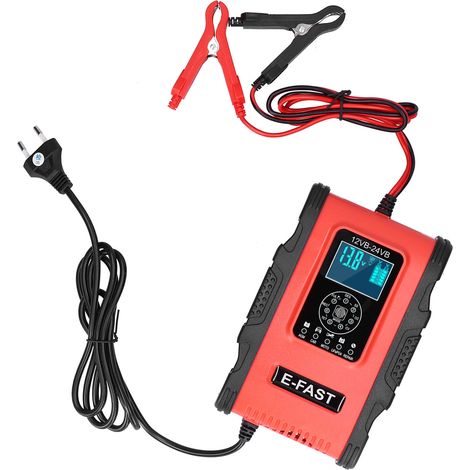 Chargeur de batterie intelligent 12V/12A 24V/6A, 7 étapes avec fonction de réparation par impulsions, pour voiture moto bateau, rouge et noir, prise UE 100-240V (1/5)