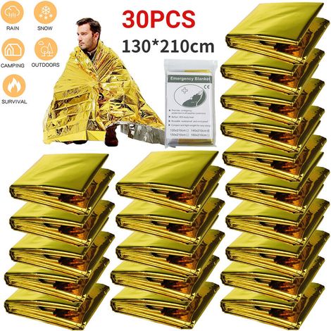 Manta de supervivencia dorada Tigrezy (30 unidades) - Manta militar térmica impermeable de primeros auxilios para emergencias al aire libre, 130 x 210 cm, color dorado