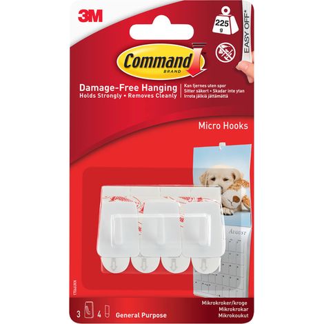 Command™ White Micro Hooks Pack of 3 – Damage-Free Wall Hooks for Light Items, Model COM17066 (1/2)
