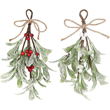 pièces - Décoration de gui de Noël - Gui artificiel - Branches de gui - Baies rouges et blanches, nœud - Décoration murale - Décoration de porte - Décoration de sapin de Noël - Décoration de porche - (1/5)