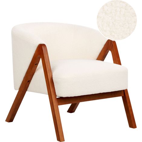 Sillón de salón moderno patas de madera de caucho tejido bouclé blanco crema Skei (1/5)