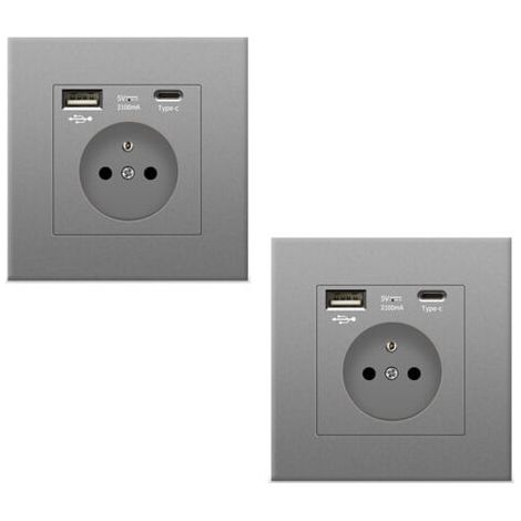 2 prise murale grise avec USB et Type C, prise de courant en verre, 5v, 2100mA (1/4)