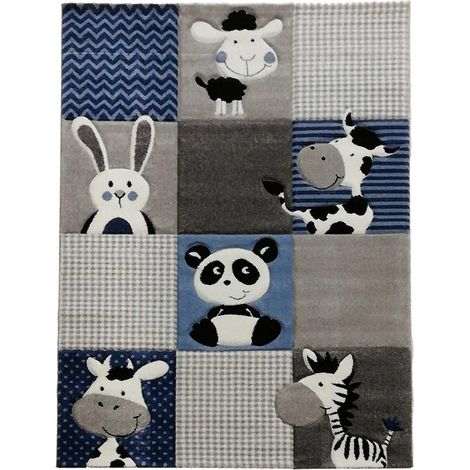 Tapis enfant tissé 280x380 bleu et gris rectangle motif animaux ZOO