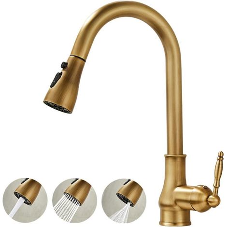 Rubinetto da cucina antico, miscelatore estraibile con doccetta, rubinetto da cucina in ottone, rubinetto per lavello con leva girevole a 360° e regolabile con acqua calda e fredda, beccuccio alto, ot