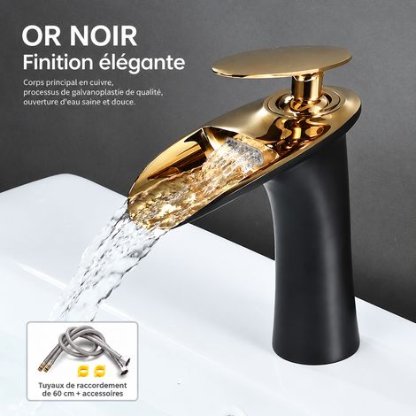 Mitigeur Lavabo Salle de Bain Modèle Bas Cascade Noir et Or Robinet Monotrou Eau Chaude et Froide sans Tuyaux d'Arrivée d'Eau – Livraison gratuite