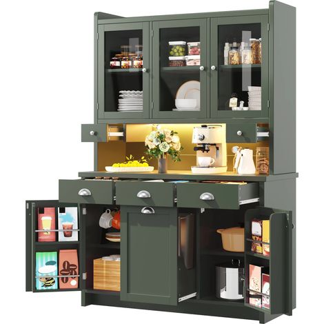 Küchenschrank mit App-gesteuerter LED-Beleuchtung, 180x120cm, 3 Glastüren, Großer Stauraum, Grün