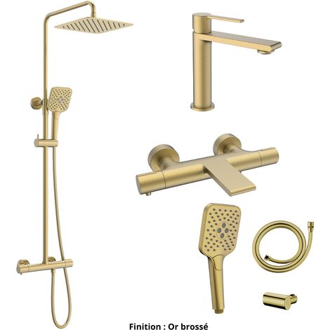 Ensemble Mitigeur lavabo + Colonne de douche + Mitigeur Bain + Support douchette flexible Couleur Or brossé