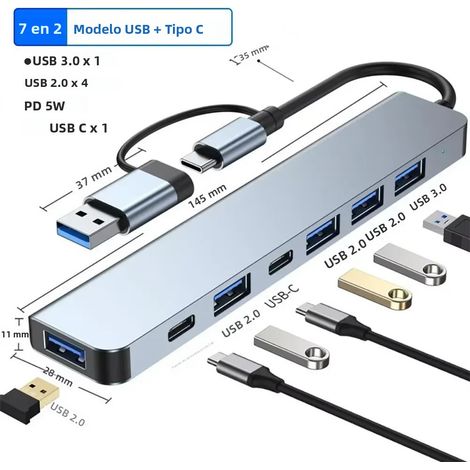 Adaptateur hub USB Type-C (7 en 2) avec lecteur de cartes SD/TF et port RJ45 (1/5)