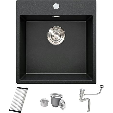 Evier Cuisine en Granit Noir 48x50cm, Lavabo 1 bac, Évier à Encastrer 40cm, avec Bonde et Kit de Trop-Plein, Grille Enroulable et Siphon (1/5)