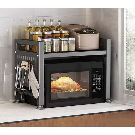 Supporto multifunzionale per microonde da cucina, 53 cm, grigio scuro, con doppio ripiano e 6 ganci (1/3)