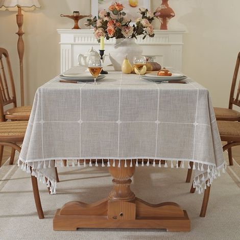 Nappe rectangulaire d'extérieur en lin, nappe en coton imperméable de style bohème champêtre avec pompons, robuste et infroissable, pour les pique-niques (1/5)