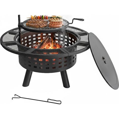 Brasero Relaxdays, Ø 91,5 cm, grille réglable, couvercle, tisonnier, feu de jardin, noir (1/5)
