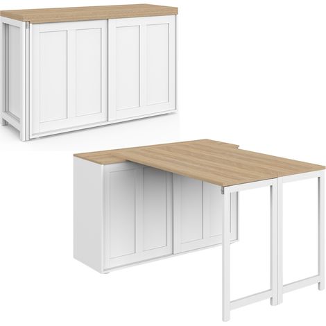 Ausziehbares Sideboard, 120 cm, 2 Schiebetüren, mit drehbarem und klappbarem Esstisch "JANGO" für 2 bis 4 Personen, weiß und Hol (1/5)