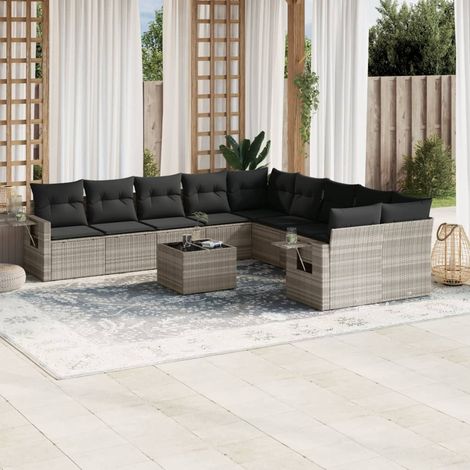 11-tlg. Garten-Sofagarnitur mit Kissen Hellgrau Poly Rattan (1/3)