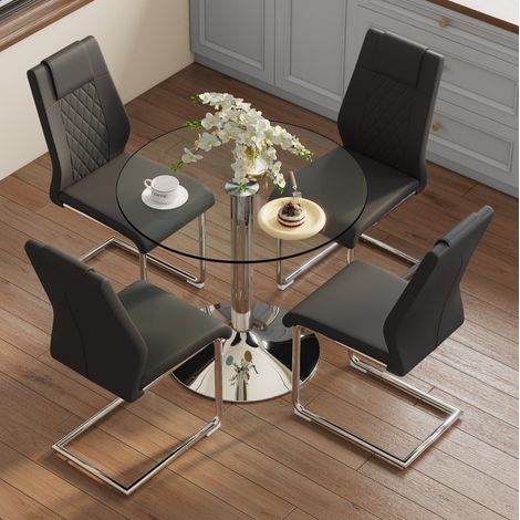 Ensemble table de repas verre et metal noir/argent 4 places, design moderne (1/5)