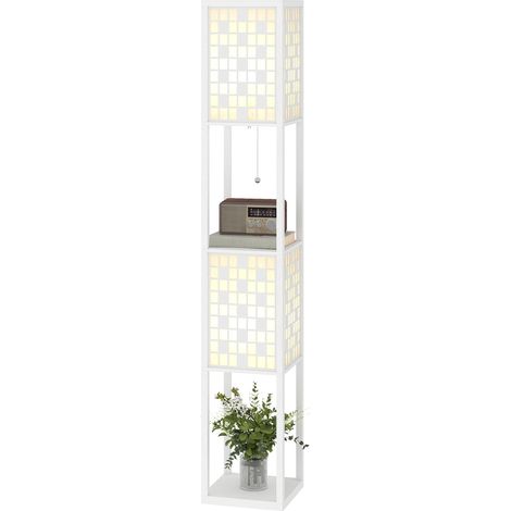 Lampadaire à motif quadrillé, étagères à 2 niveaux, compatible avec différentes ampoules, blanc