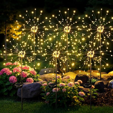 Lot de 6 lampes solaires extérieures effet feu d’artifice – LED en forme d’étoile, lumière blanche chaude – Étanches, autonomes – Parfaites pour jardin, terrasse, allée et chemin (1/5)