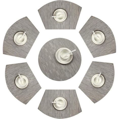 Lot de 7 Set de Table en Forme de Coin 1 Rond Central en Vinyle Lavable résistant à la Chaleur Tapis de Table(Gris argenté)-Fei Yu