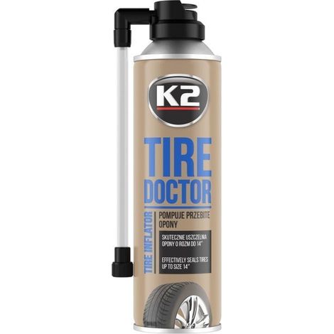 K2 Bombeo y Reparación de Ruedas Tire Doktor  400 ml Sellado Rápido  Eficiente  Ideal para Emergencias  No Daña los Neumáticos (1/2)
