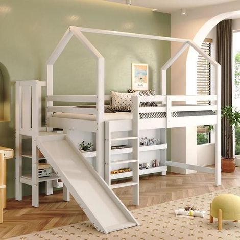 Lit enfant - KOMHTOM - 90x200 - Bois massif - Toboggan & escaliers - 3x2 tiroirs + étagère (1/5)