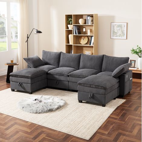Divano angolare modulare in corduroy grigio 5-6 posti con pouf, USB, vani e portabicchieri (1/5)