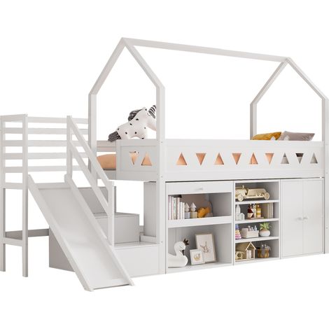 Lit enfant mezzanine 90x200 avec toboggan, escalier, tiroirs de rangement et armoire, sans matelas, bois blanc, multifonctionnel pour chambre d’enfant - CHICFURN (1/5)