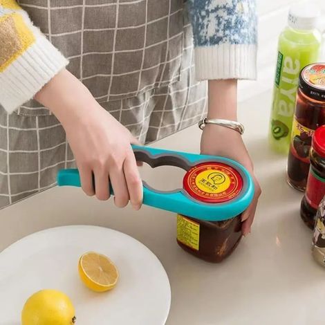 Ouvre-boîte et ouvre-bouteille 4 en 1 couleur bleue, outil de cuisine domestique antidérapant et économe en effort, accessoire polyvalent pour dévisser tous types de couvercles, bocaux et bouteilles (1/3)