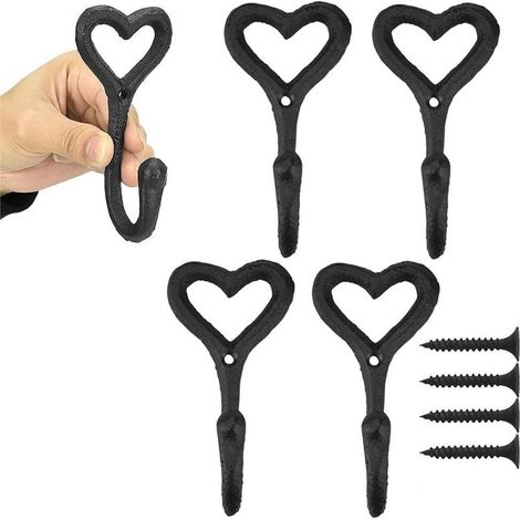 5 PCS Crochet Porte Manteau Mural en Métal 11.9cm x 5.6cm x 4.4cm Crochet Mural Vintage Antirouille Door Hooks En Forme de Coeur avec Vis pour Salle de Bain Cuisine Chambre Entrée - Noir (1/5)