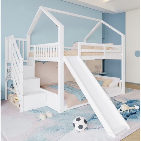 Cama infantil tipo casa con tobogán almacenaje blanca OKMYHOME (1/5)