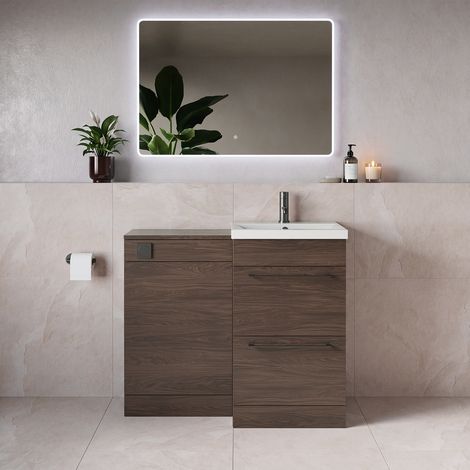 Napoli 390 Brown Oak 1000mm 2 Drawer Vanity Unit Toilet Suite with Glide Basin - 1000mm - Gunmetal Grey 320mm HandleWithout Kingston Toilet Pan