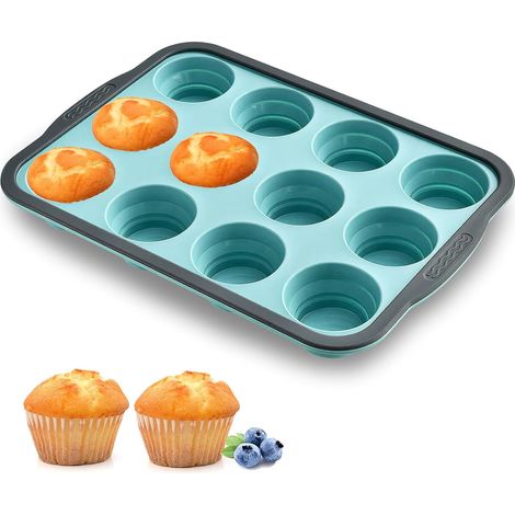 Moule à Muffins, 12 Cupcakes Moule en Silicone avec Cadre en Métal, Pliable Plateau Anti-adhésif pour Muffins Pudding Vert,Parent,- (1/5)