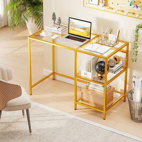 Bureau doré en verre trempé avec structure en acier et 2 étagères, format compact pour bureau et salon (1/5)