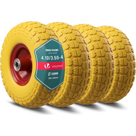 VOUNOT® Lot de 4 Roue increvable 3.5-4 (260x85mm) en PU - Alésage 16mm - Roulements à billes - Moyeu métal - Jaune (1/5)