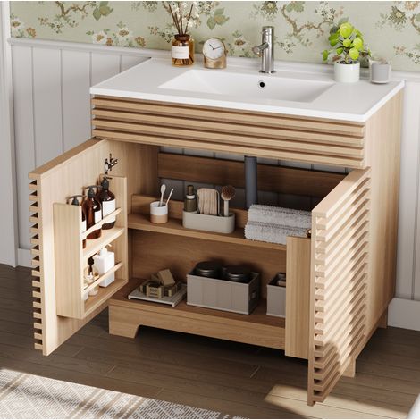 Meuble lave-mains sur pied MDF naturel avec vasque céramique intégrée 91x46x80 cm (1/5)