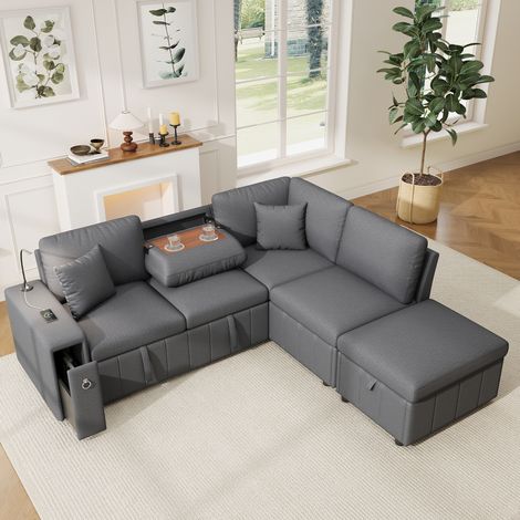 Divano angolare a L con letto, contenitore e tavolino ribaltabile, USB e Type-C, 2 cuscini, grigio (1/5)