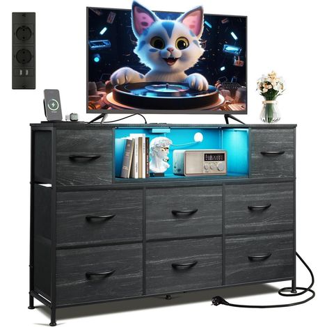 Commode 8 tiroirs avec prises USB et AC, meuble de rangement noir pour chambre et salon (1/5)