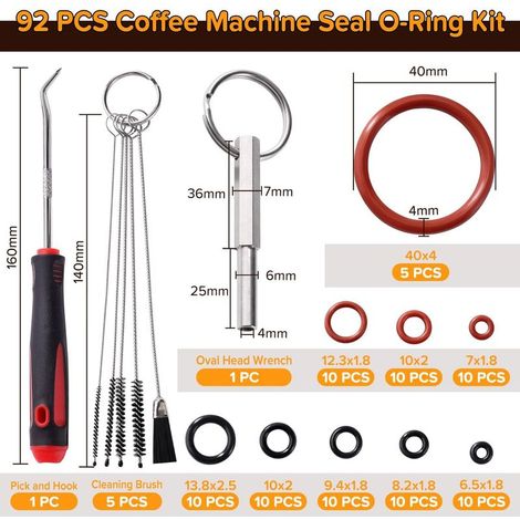 92-teiliges O-Ring-Set für Kaffeemaschinen, Silikon-Stützventil-O-Ringe, mit Ovalschlüssel, Reinigungsbürste, Plektrum und Haken, kompatibel mit Philips, Saeco, Spidem und Gaggia (1/5)