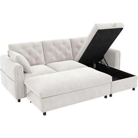 Divano chaise longue con pouf e vano contenitore beige 219 x 131 x 86 cm (1/5)