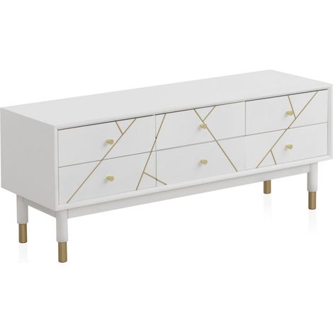 Meuble tv blanc laqué design doré 6 tiroirs élégant - blanc mat décor doré (1/5)