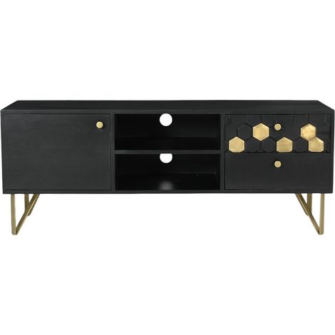 Meuble TV avec 1 porte, 2 tiroirs et 2 niches en bois de manguier et métal - Noir et Doré - BELORI (1/4)