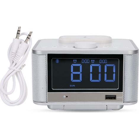 Réveil numérique Bluetooth FM radio charge sans fil 110-240V prise US haut-parleur blanc (1/5)