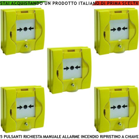 PULSANTI EMERGENZA ROTTURA VETRO GIALLI 5 PEZZI RICHIESTA INTERVENTO INCENDIO RIPRISTINO A CHIAVE SBLOCCA PORTE REI EN 54-11 CPD (1/4)
