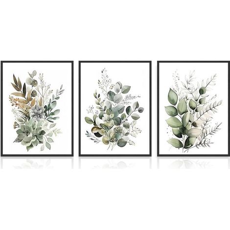 3Pcs Boho Wall Art Décor, 12x16 pouce Non Encadré, Feuilles Vertes Affiche Botanique Impression pour Salle de Bain Salon, Eucalyptus Feuilles Chambre Décoration Murale