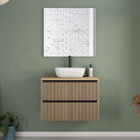 Meuble de salle de bain 60cm avec plateau et vasque à poser arrondie - 2 tiroirs - roble era (chêne clair) - VENERIA
