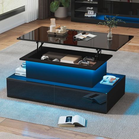 Table basse noir brillant 90x55 cm avec LED et 4 tiroirs (1/5)