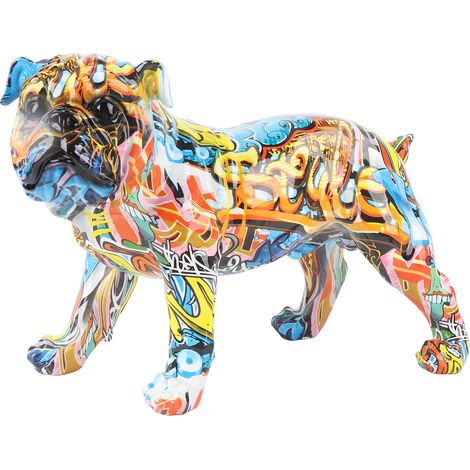 Statuette Chien Bouledogue Anglais Graffiti Coloré en Résine, Figurine Art Animal Déco Colorée Chambre Étagère Bibliothèque Meuble TV 36x25cm (1/5)