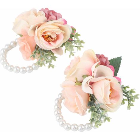 Lot de 2 fleurs artificielles roses pour poignet de demoiselle d'honneur, idéales pour un mariage, un anniversaire ou une soirée cocktail. (1/5)