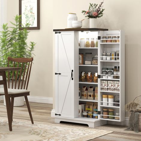 Credenza da cucina, mobile contenitore con 12 ripiani e ante, luce LED magnetica, 60 x 40 x 120 cm, bianco (1/5)